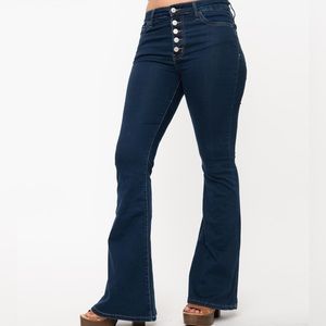 Unique Vintage Dark Denim High Rise Button Up Flare Jeans Size 29